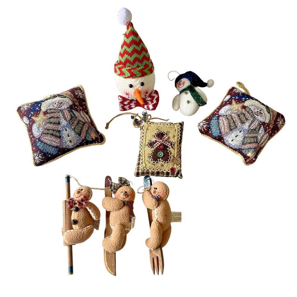 Christmas Ornament Gingerbread Snowman Small Needlepoint Pillows Holiday Bundle